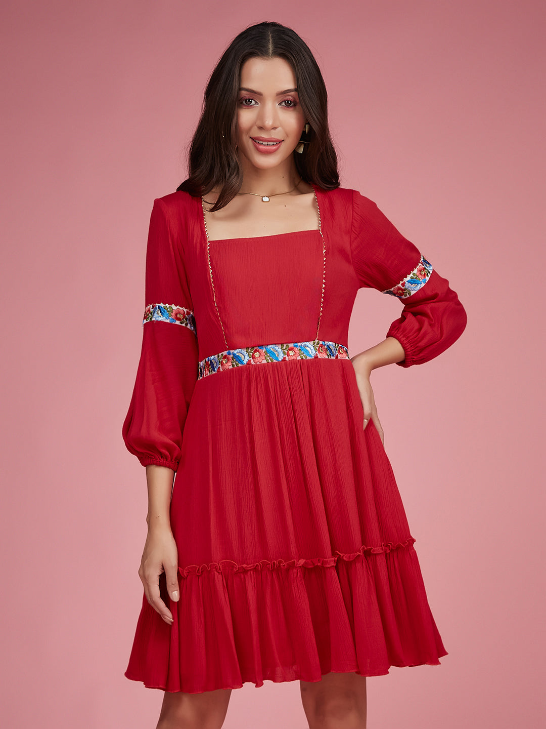 Women's Red Square Neck Bishop Sleeve Viscose Rayon Solid Gathered Midi Dress