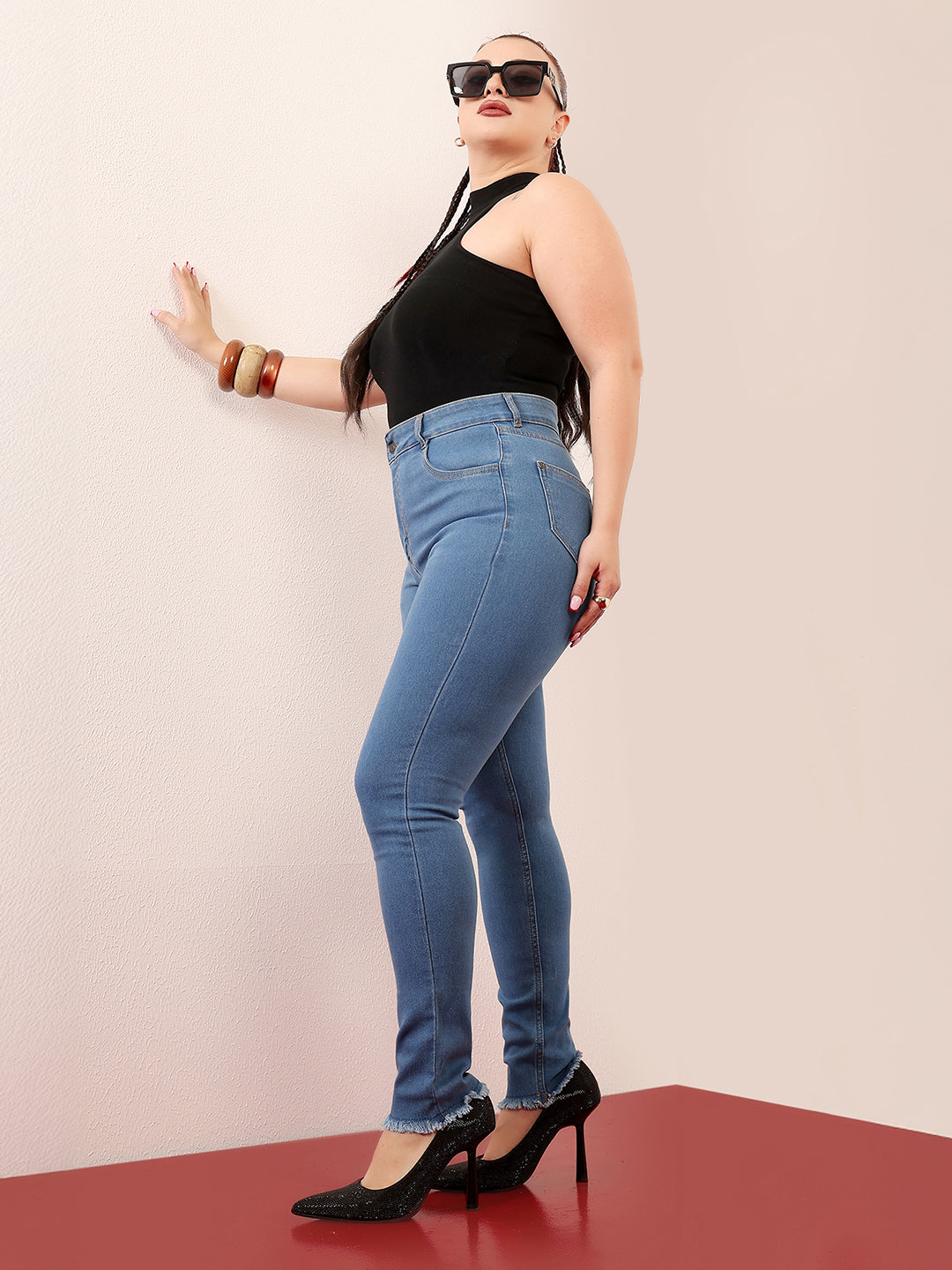Women's Blue Skinny High-Rise Cropped-Length Fringe Detailing Stretchable Denim Jeans