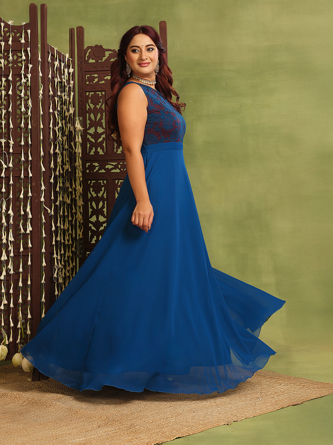 Women's Royal Blue Sleeveless Georgette Floral Lace Fit & Flare Maxi Dress