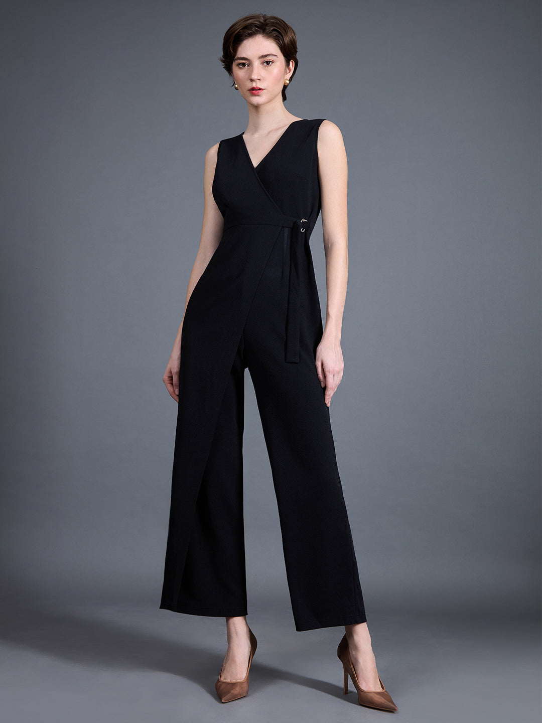 Black V-Neck Sleeveless Solid Wrap Regular-Length Polyester Jumpsuit for Women