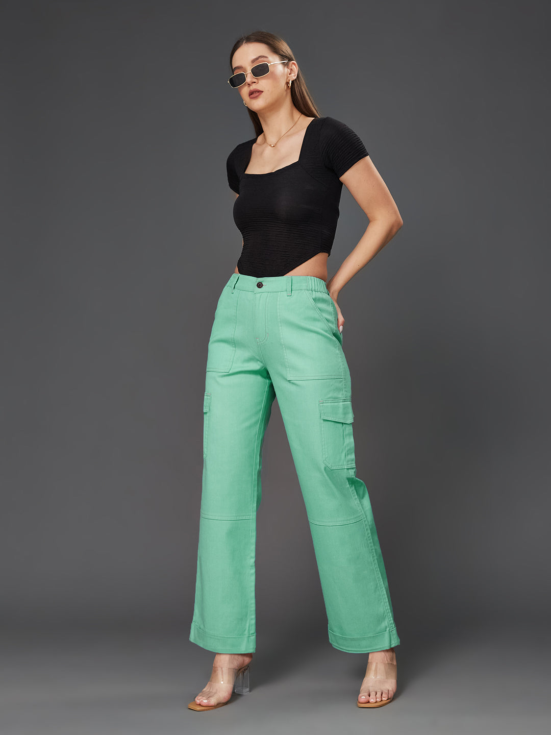 Women's Turquoise Wide Leg High Rise Clean Look Regular Length Stretchable Denim Pants