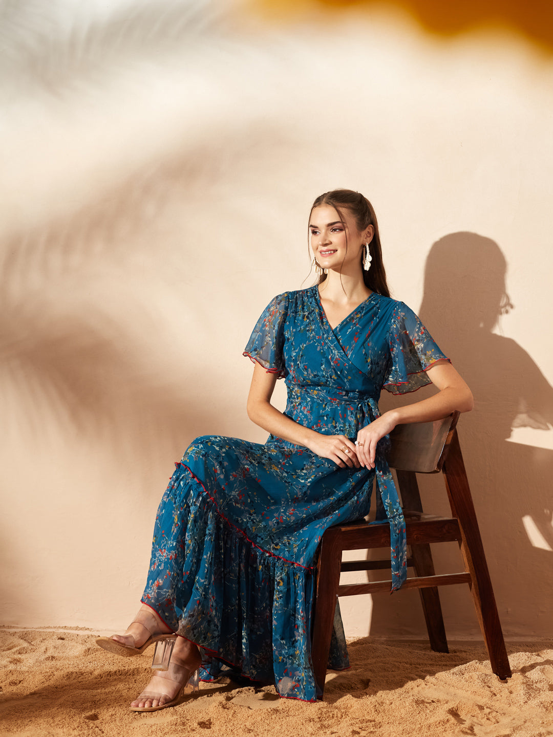 White & Blue Floral Printed Flutter Sleeves Maxi Dress for Women