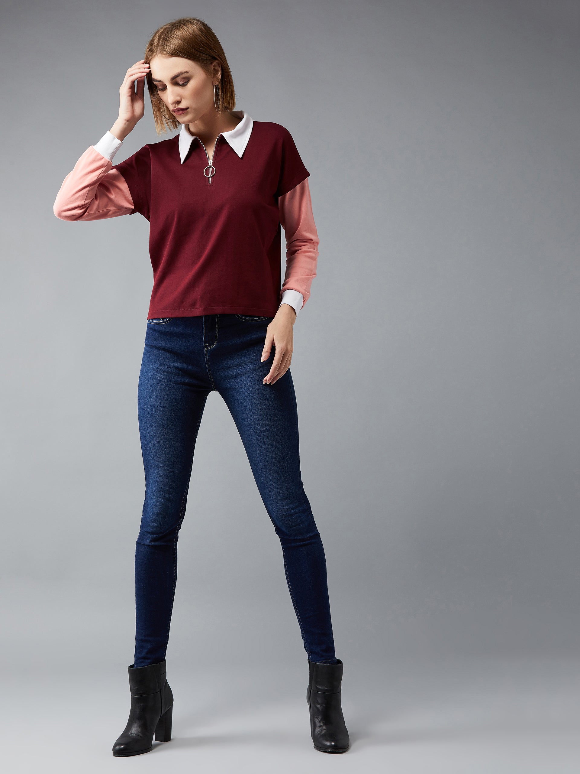 Women's Multicoloured- Base-Maroon Round Neck Full Sleeves Solid Color Block Regular Length Boxy Sweatshirt