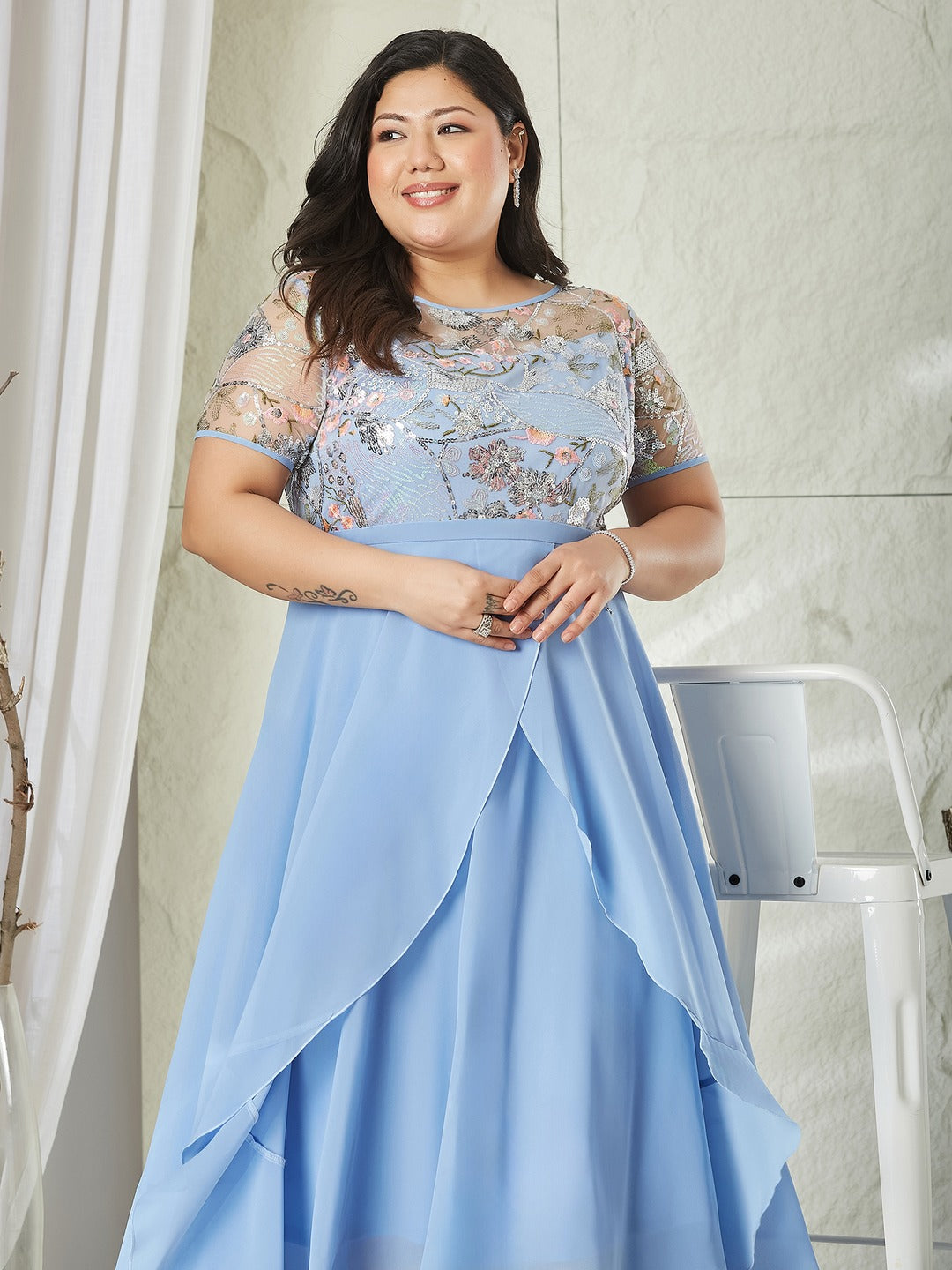 Sky Blue Round Neck Short Sleeve Floral Layered Georgette Midi Dress for Women