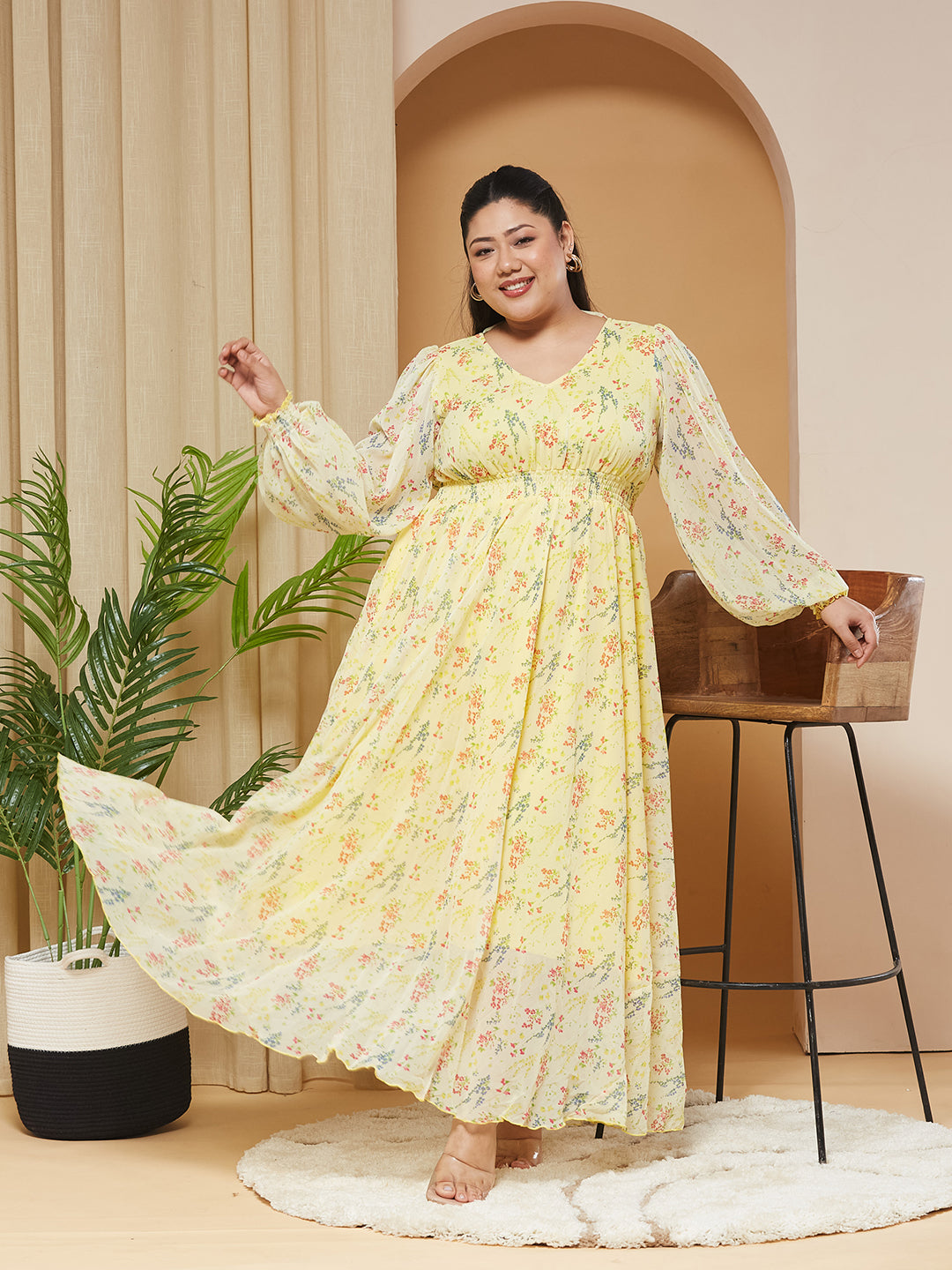 Multicolored-Base-Lime Yellow V-Neck Bishop-Sleeves Floral Gathered Chiffon Maxi Dress for Women