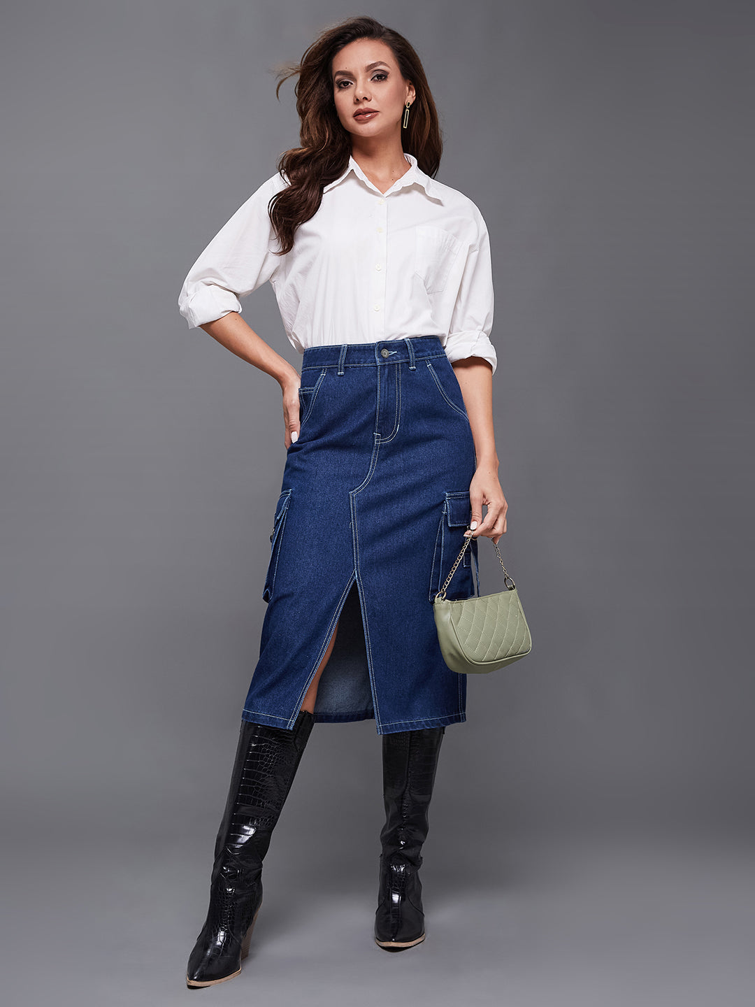 Women's Navy Blue Straight High Rise Midi Cargo Denim Skirt