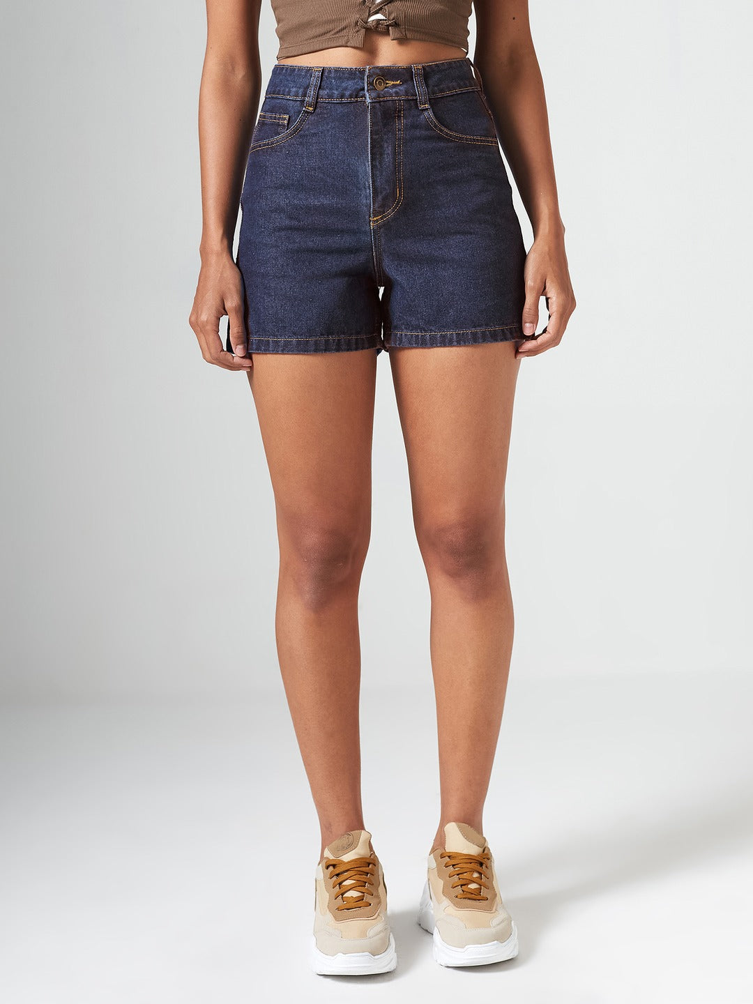 Dark Blue Flared High-Rise Clean-Look Regular-Length Denim Shorts for Women
