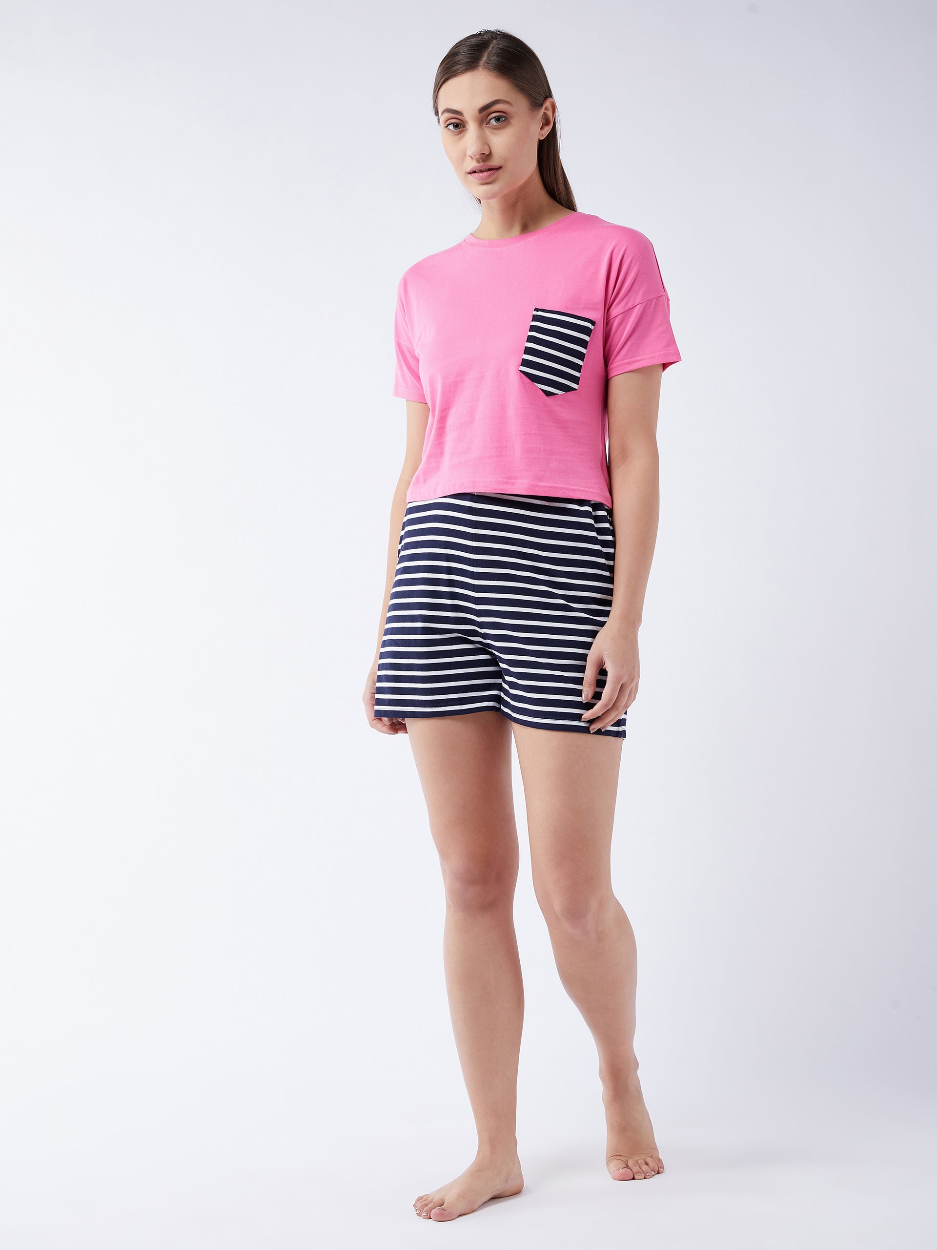 Women's Pink Round Neck Short Sleeve Solid Crop Length T-shirt