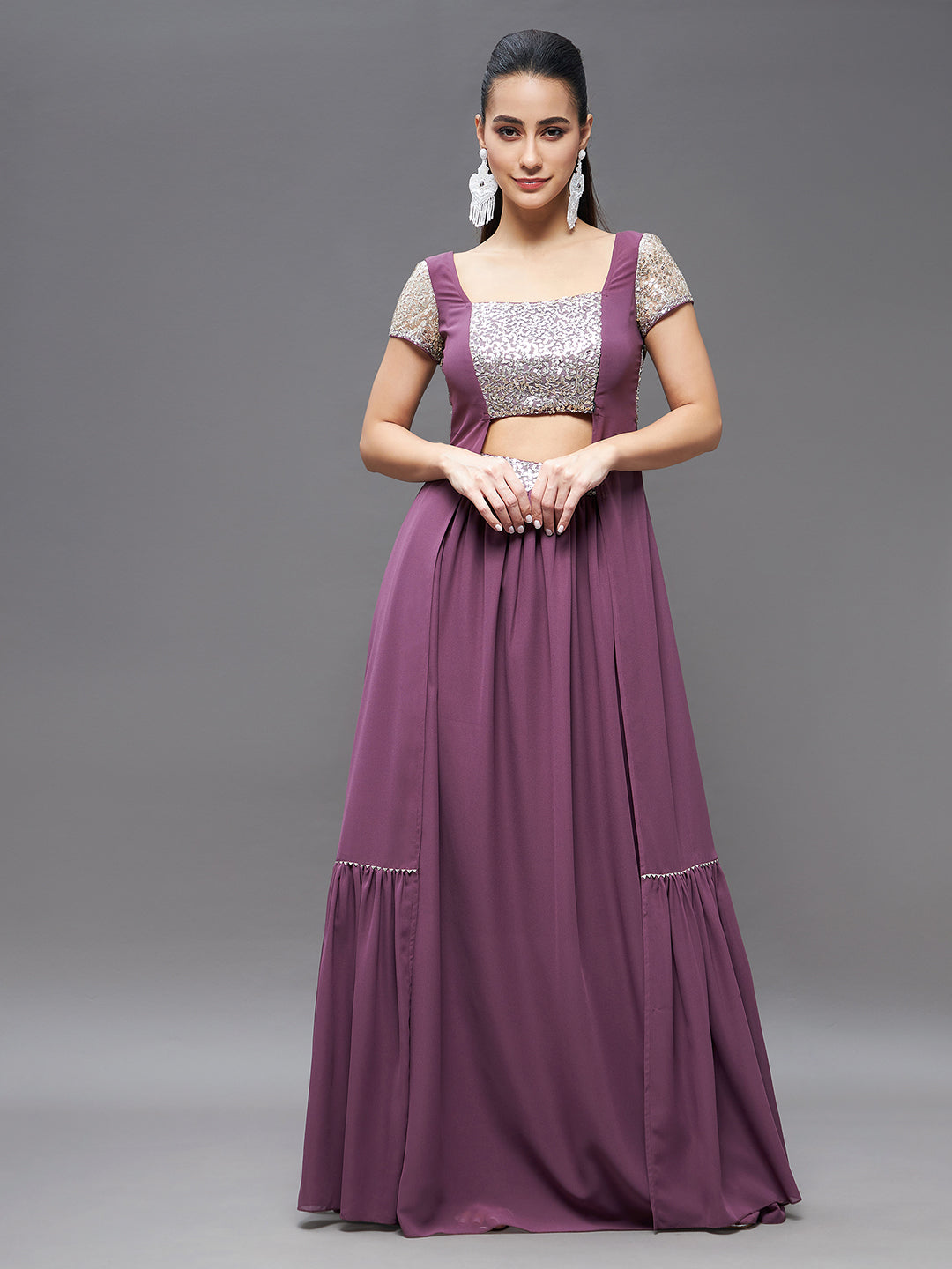 Women's Mauve Embellished Square Neck Short Sleeves Waist Band Pocketed Tiered Maxi Co-Ord Set.