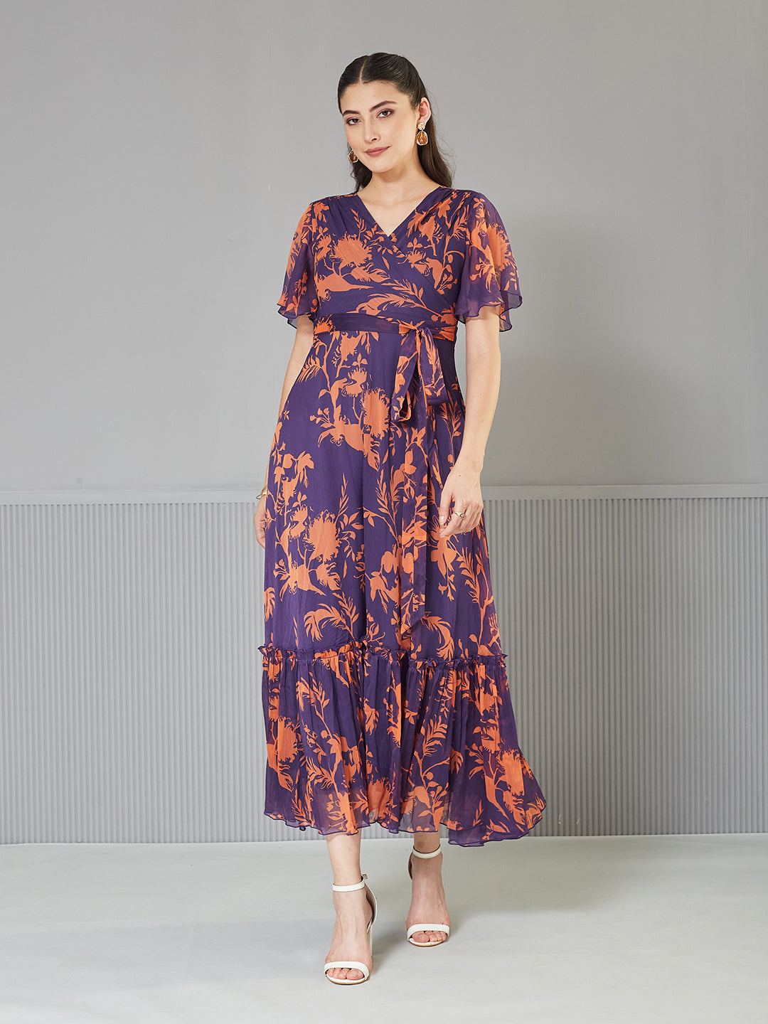 Women's Orange & Purple Floral Wrap Chiffon Maxi Dress with Flutter Sleeves & Frilled Hem