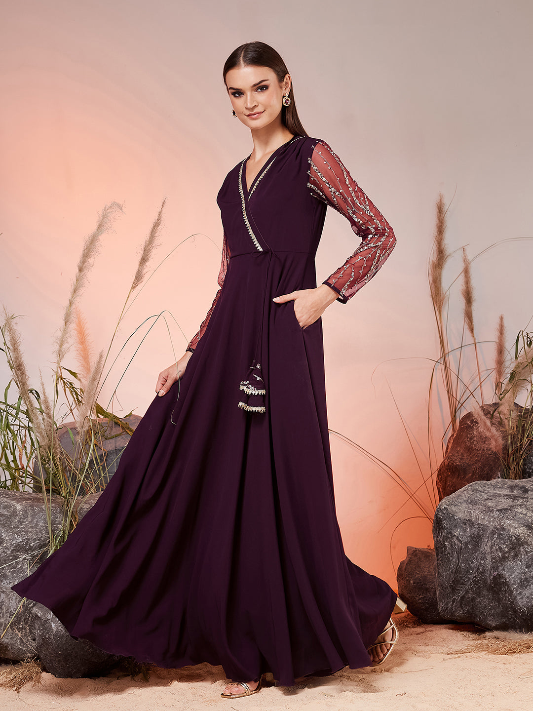 Dark Purple V-Neck Full Sleeve Embellished Fit & Flare Maxi Georgette Ethnic Dress for Women — Miss Chase