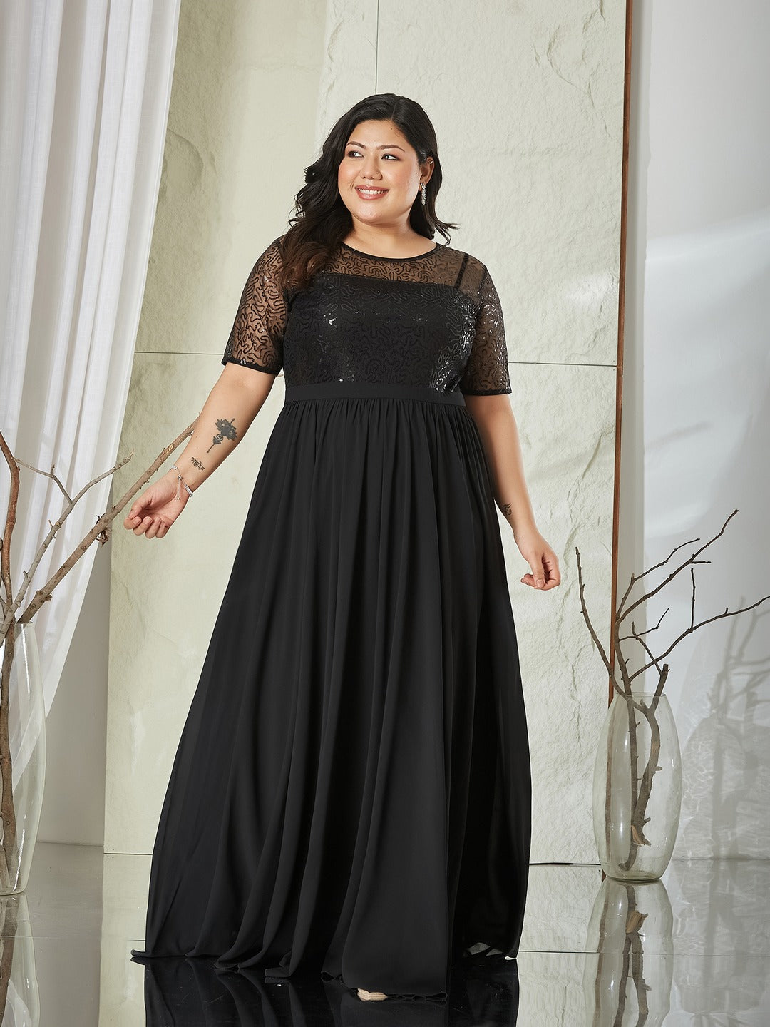 Black Relaxed Fit Maxi Georgette & Sequins Dress for Women