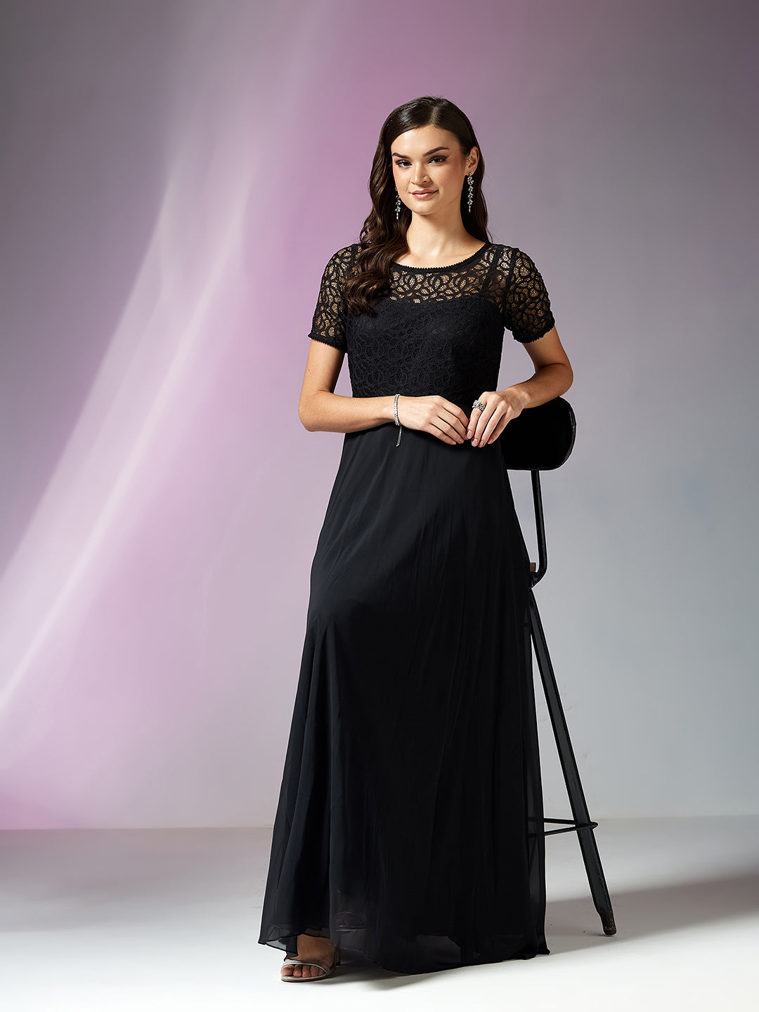 Black Short Sleeves Lace Fit and Flare Maxi Dress for Women