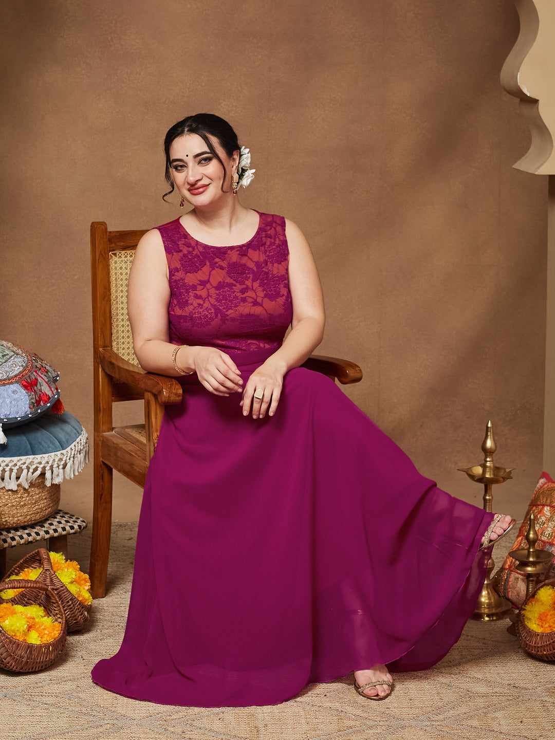 Dark Pink & Rust Boat Neck Sleeveless Self Design Lace Overlaid Regular Dress for Women