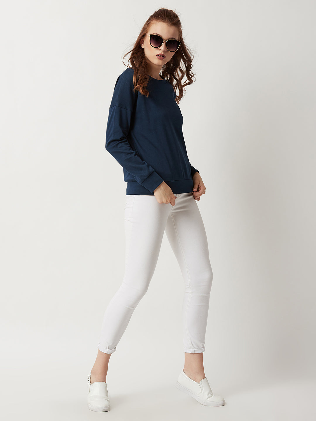 Navy-Blue Round Neck Solid Cotton Full Sleeves Boxy Sweatshirt for Women
