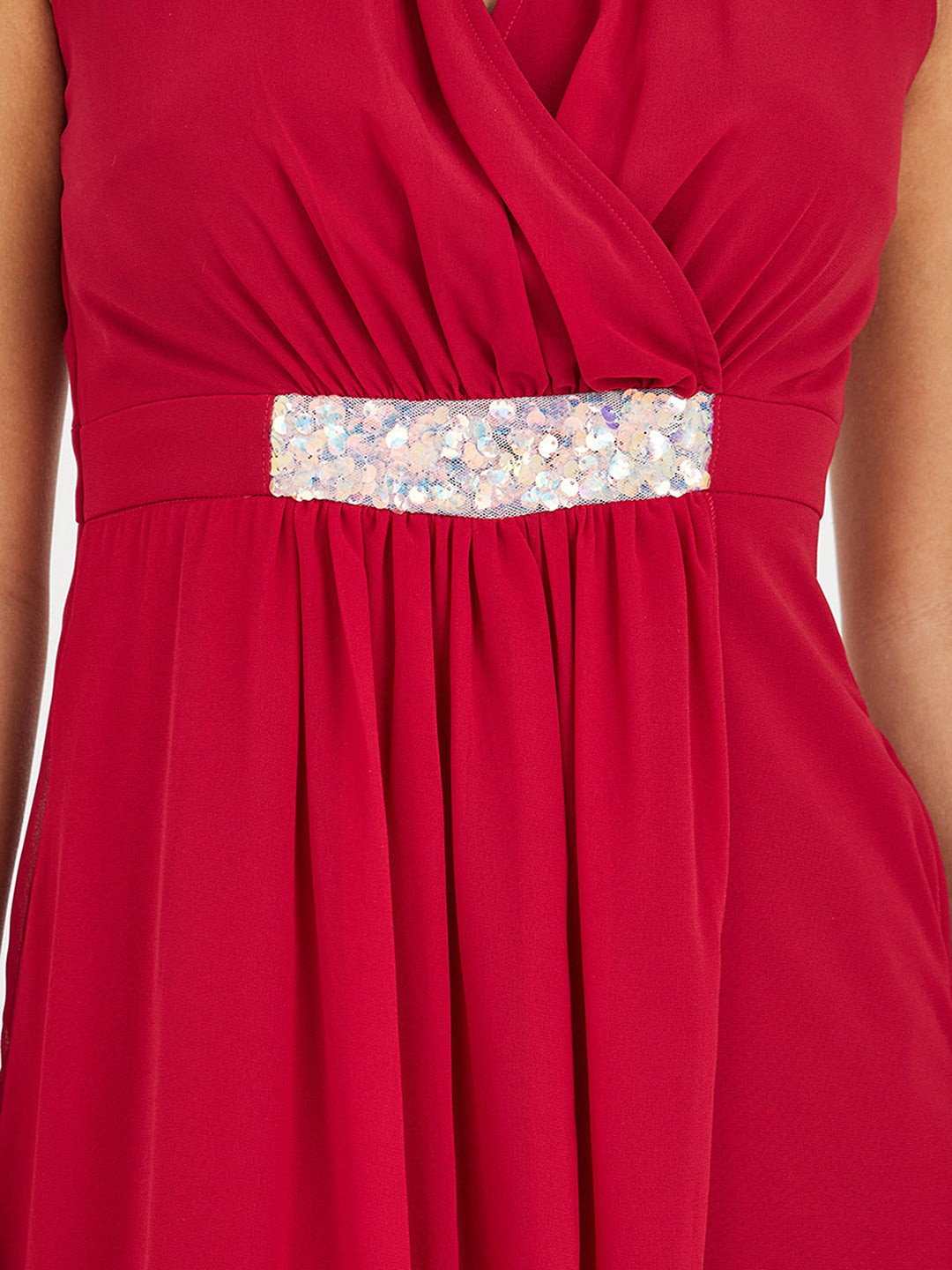 Women's Maroon V-Neck Sleeveless Embellished Wrap Regular-Length Jumpsuit