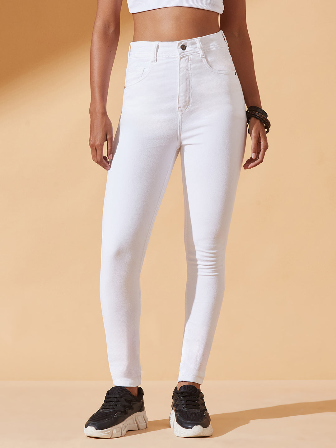 24/7 Comfort White Skinny-Fit High-Rise Bleached Stretchable Denim Jeans for Women