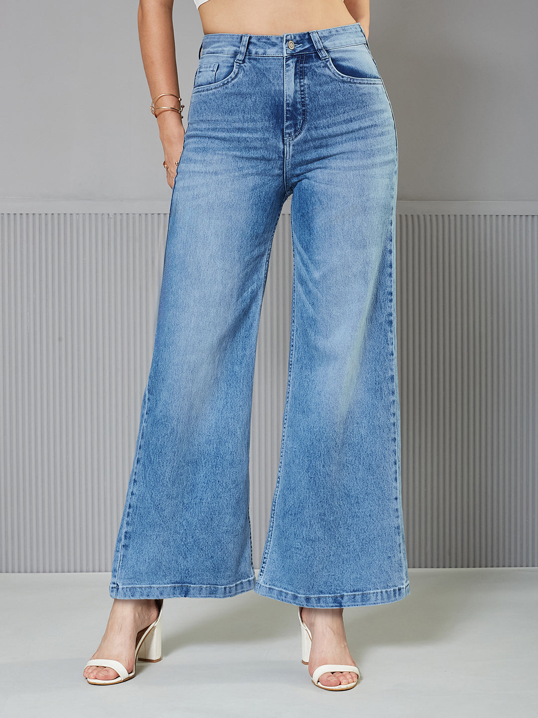 Women's Light Blue Wide-Leg High-Rise Stretchable Shaping Denim Jeans
