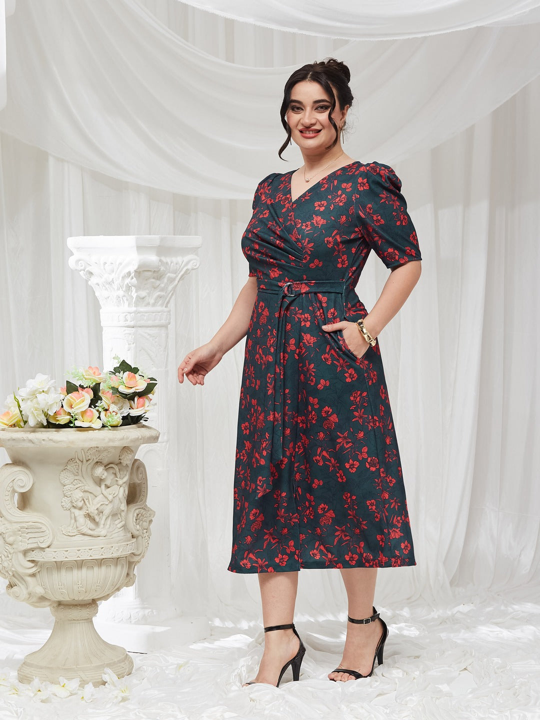 Teal V-neck Puff Sleeve Floral Wrap Midi Dress for Women