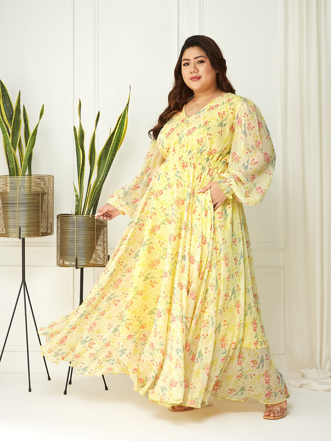 Women's Multicolored-Base-Lime Yellow V-Neck Bishop Sleeve Floral Gathered Chiffon Maxi Dress