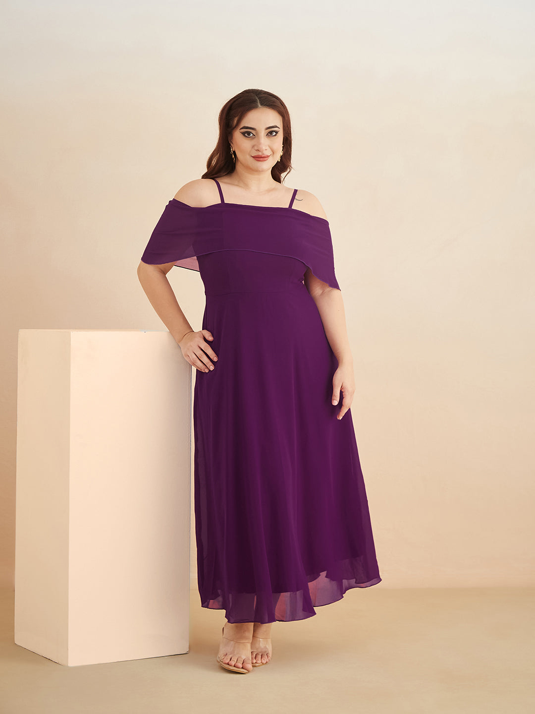 Purple Bardot Style Sleeveless Spaghetti Strap Solid Off Shoulder Midi Skater Dress for Women