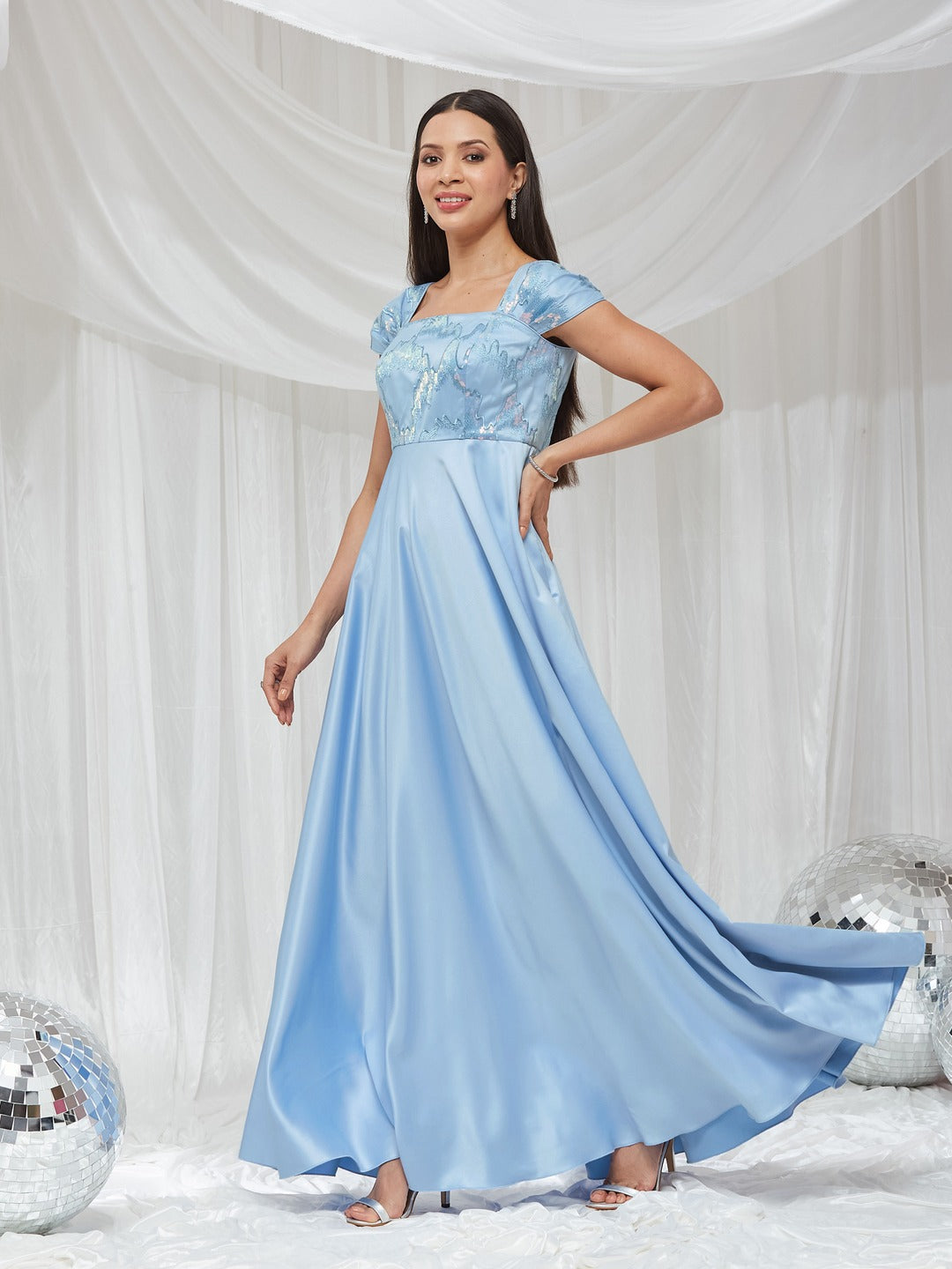 Light Blue Sequinned Cap-Sleeved Satin Maxi Dress for Women
