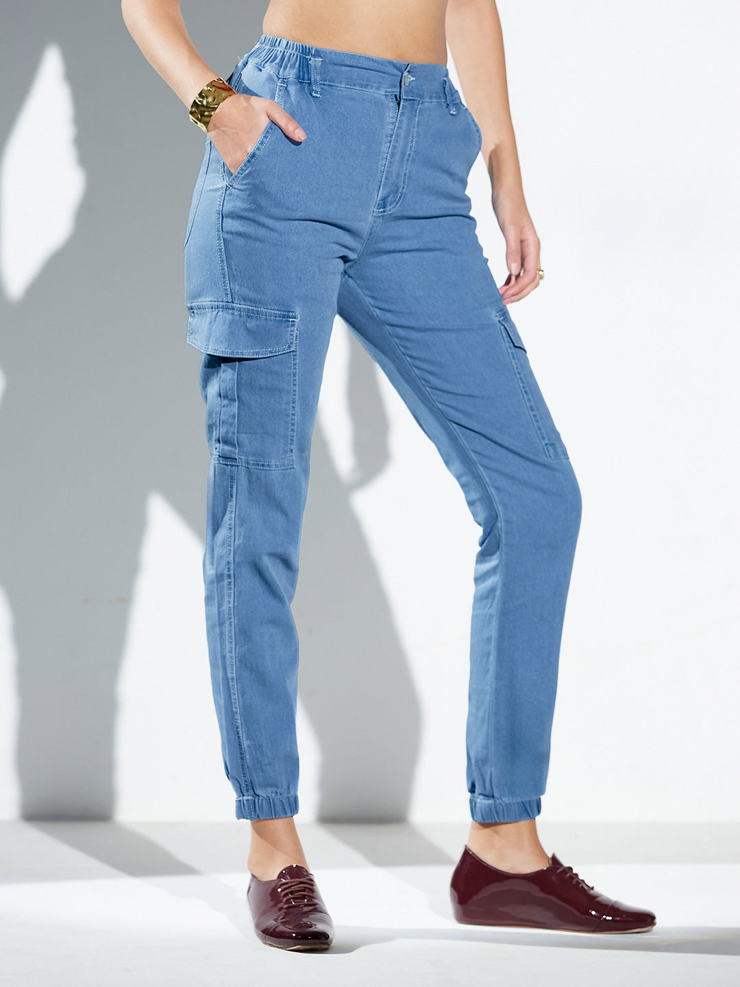Light-Blue Regular High-Rise Regular Stretchable Light Weight Denim Joggers For Women