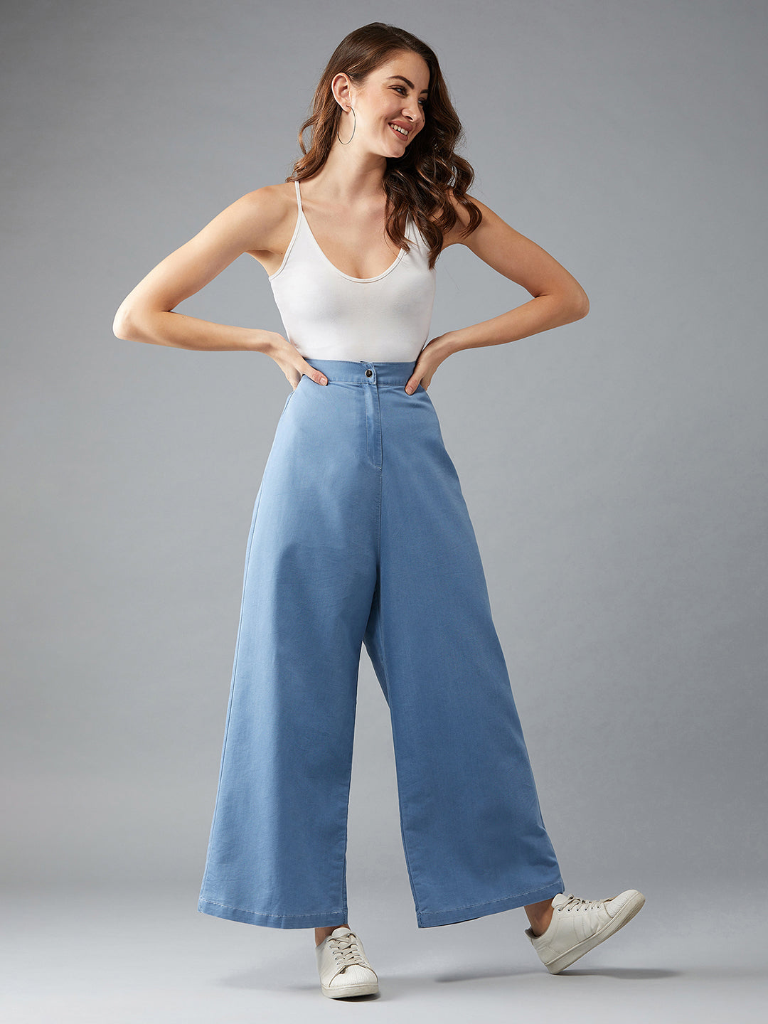 Women's Blue Flared Wide-Leg High Rise Light Weight Non Stretchable Denim Pants