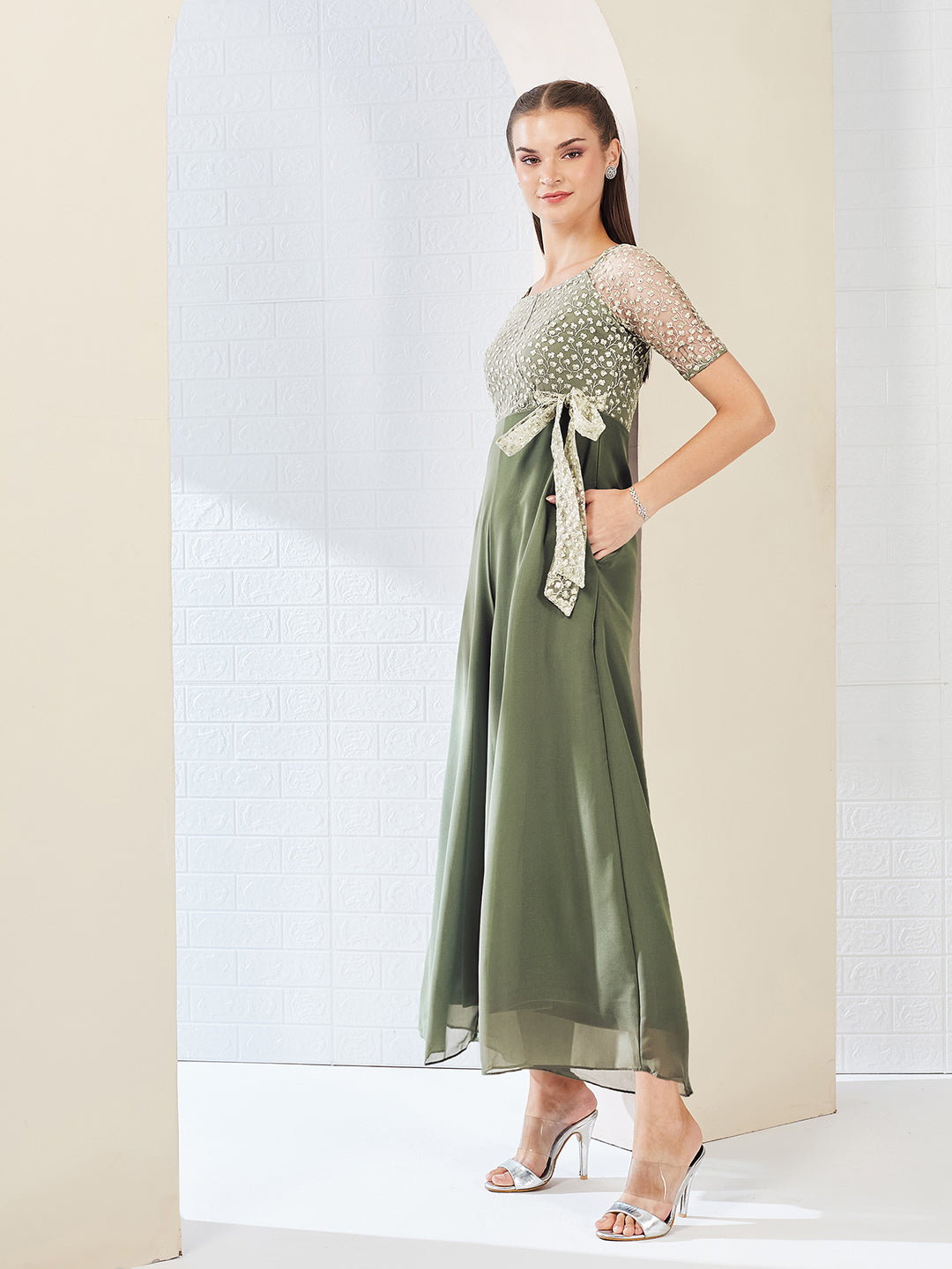 Light Green Square Neck Raglan sleeve Solid Embroidered Regular Jumpsuit for Women — Miss Chase