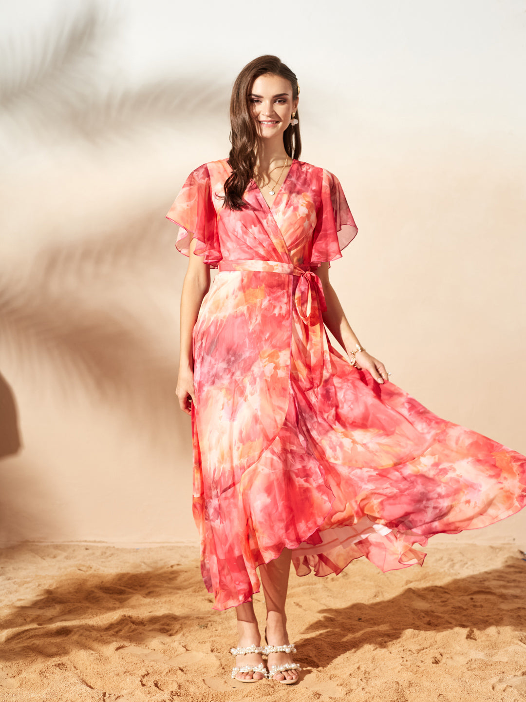 Flame Orange And Pink V-Neck Flared Abstract Overlap/Tie-Up Maxi Chiffon Dress for Women