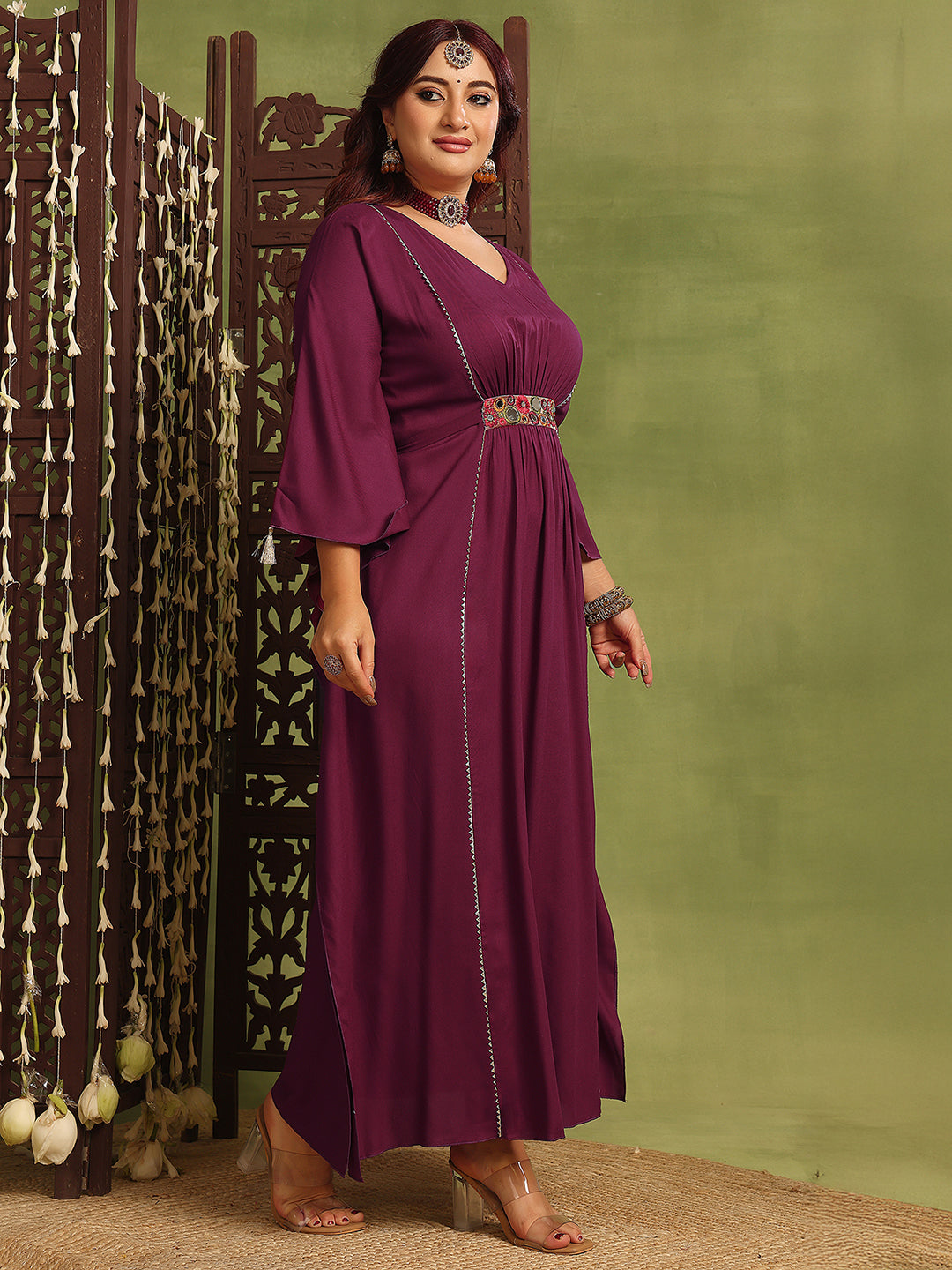 Women's Wine V-Neck Three-Quarters Sleeve Solid Viscose Rayon Maxi Kaftan Dress
