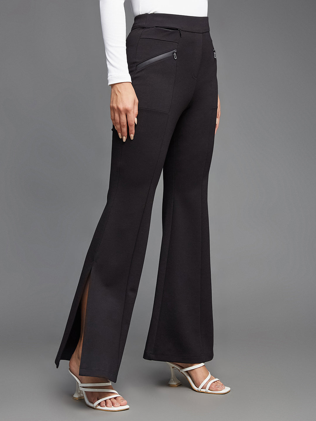 Women's Black Viscose Solid Side Slit Bootcut Regular  Trouser