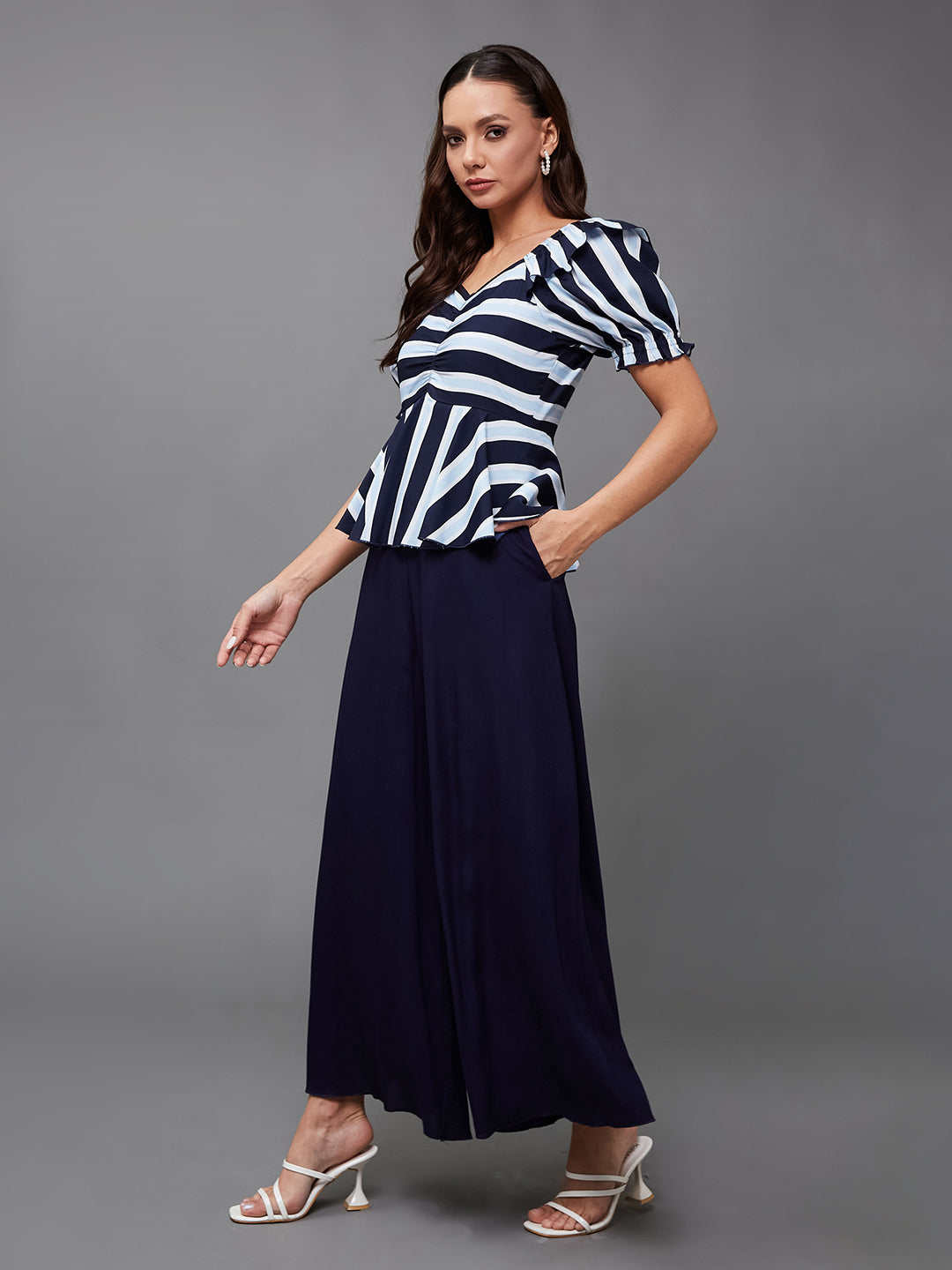 Women's Multicolored-Base-Navy Blue Sweet-Heart Neck Half-Sleeve Striped Peplum Regular-Length Polyester Jumpsuit