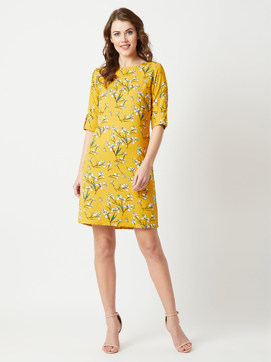 Women's Multicolored With A Yellow Base Round Neck 3/4 Sleeve Floral Knee-Long Shift Dress