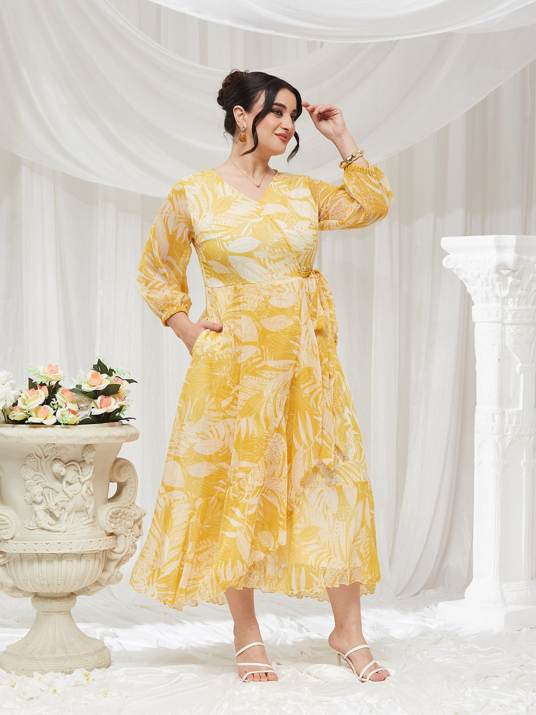 Yellow and White V neck Full sleeve Floral Layered Maxi Dress for Women
