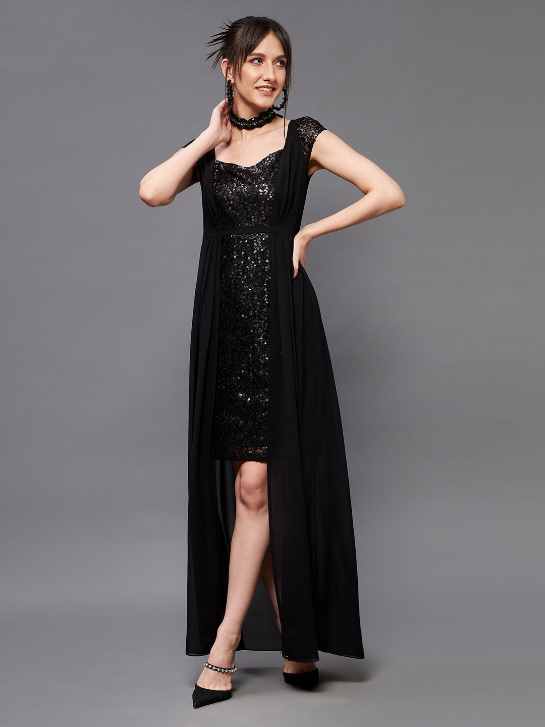 Women's Black Embellished Fit & Flare Maxi Dress