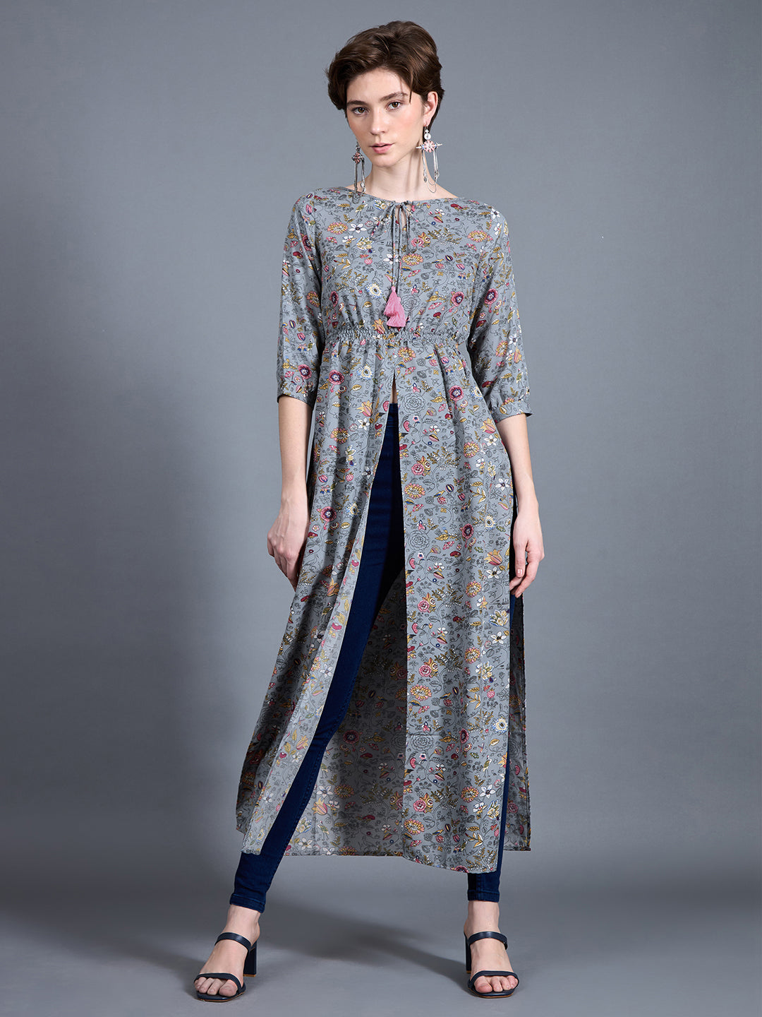 Women's Multicolored-Base-Grey Round neck 3/4th Sleeve Floral Elasticated Maxi Top