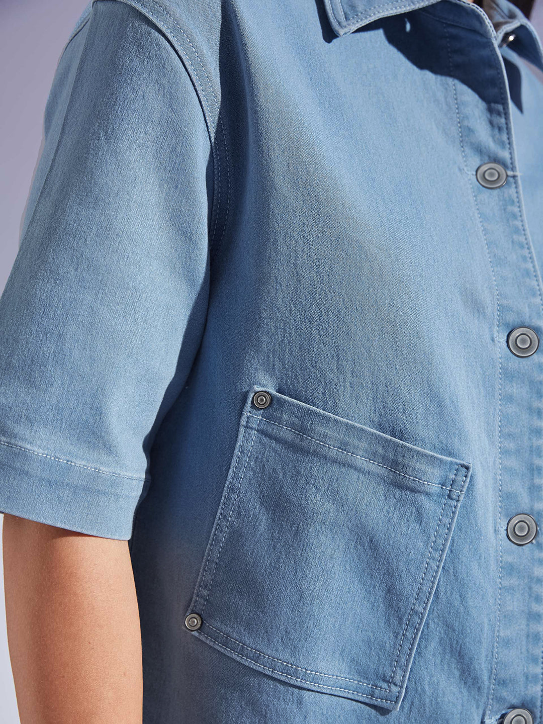 Women's Light Blue Shirt Collar Half Sleeve Asymmetrical Panelled Regular-Length Denim Shirt