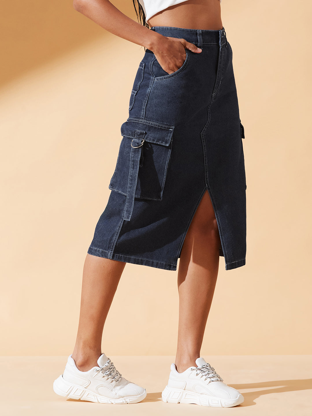Navy-Blue Straight-Fit High-Rise Midi Denim Skirt for Women