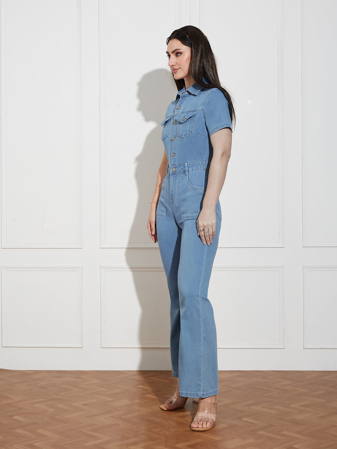 Women's Light Blue Flared High Rise Regular Length Stretchable Denim Jumpsuit