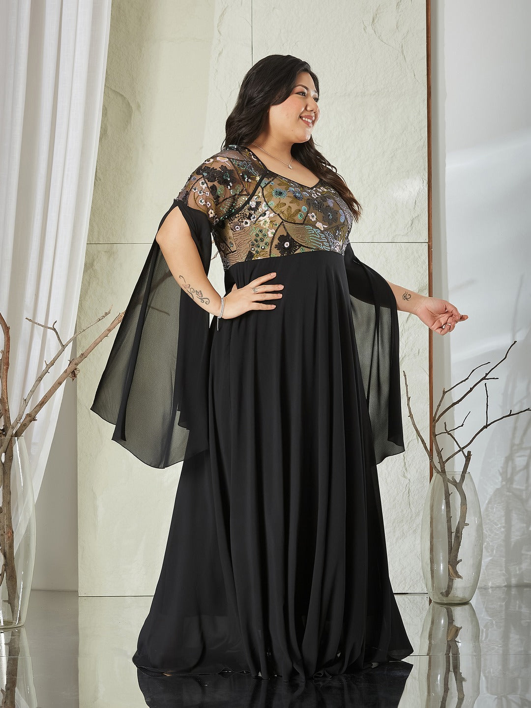Black Sweet-Heart Full Sleeve Embellished Slit Sleeve Maxi Georgette Dress for Women