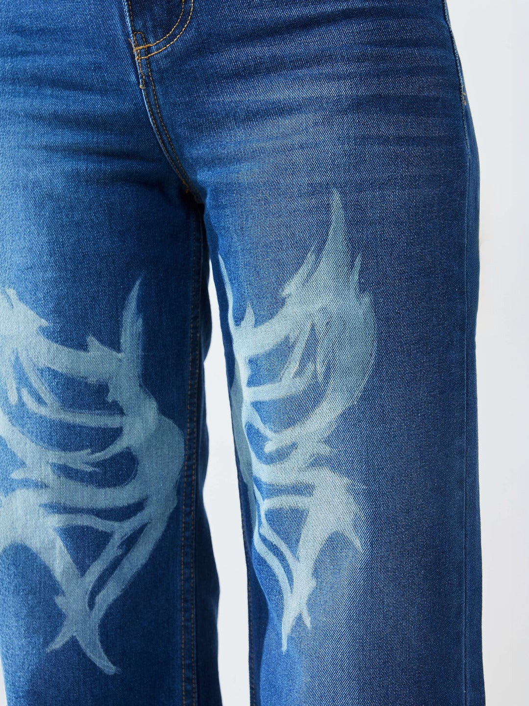 Navy Blue High-Rise Wide-Leg Flared Non-Stretch Jeans with Hand-Painted Art for Women