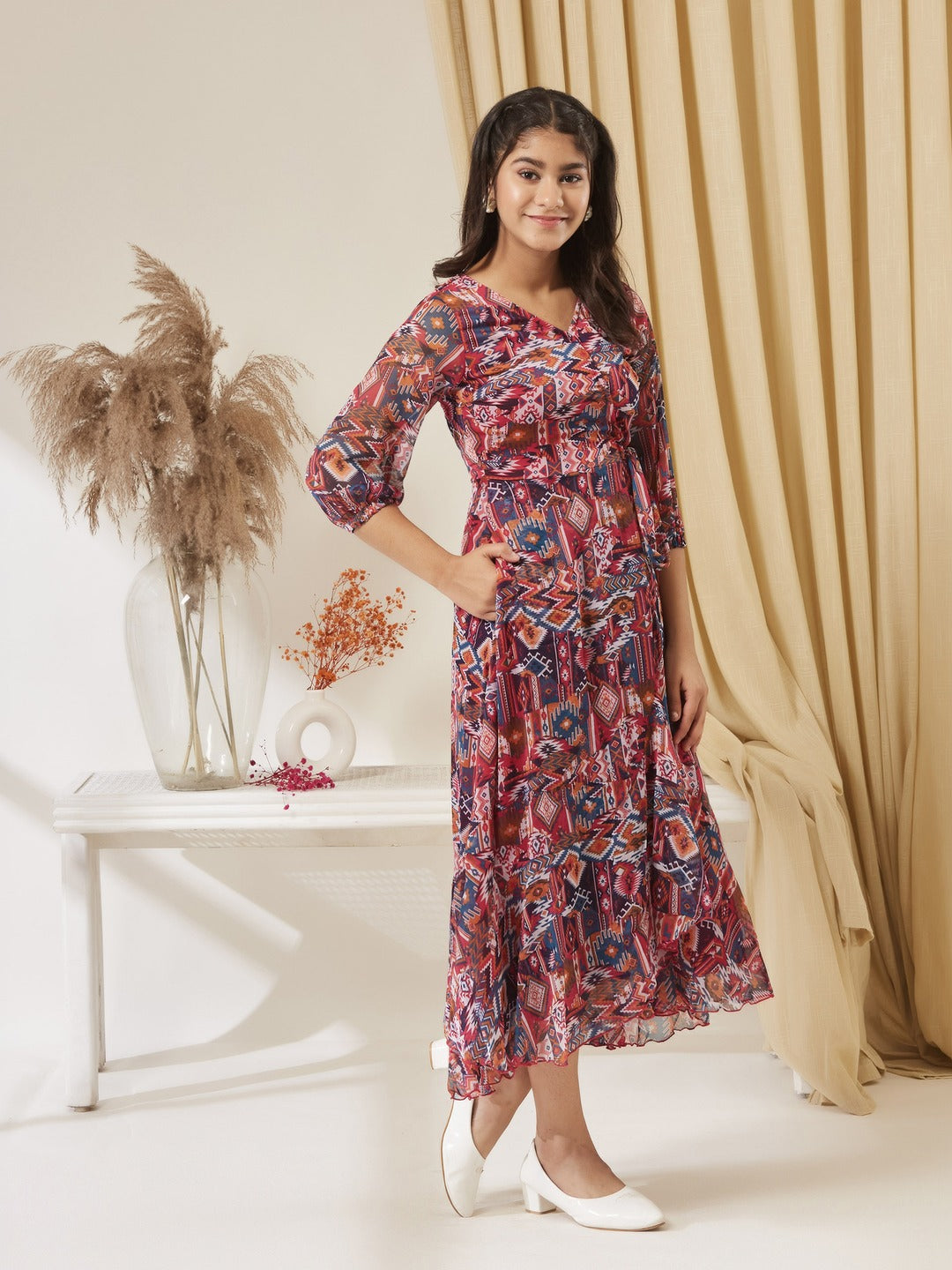 V-Neck Three-Quarter Sleeve Geometric Patterned Wrap Midi Chiffon Dress for Girls/Teenagers