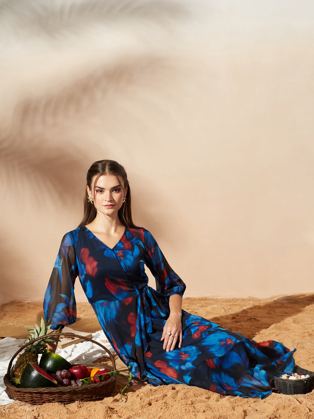 Women’s Multicolored Black Floral V-Neck 3/4 Sleeve Wrap Chiffon Midi Dress for Women