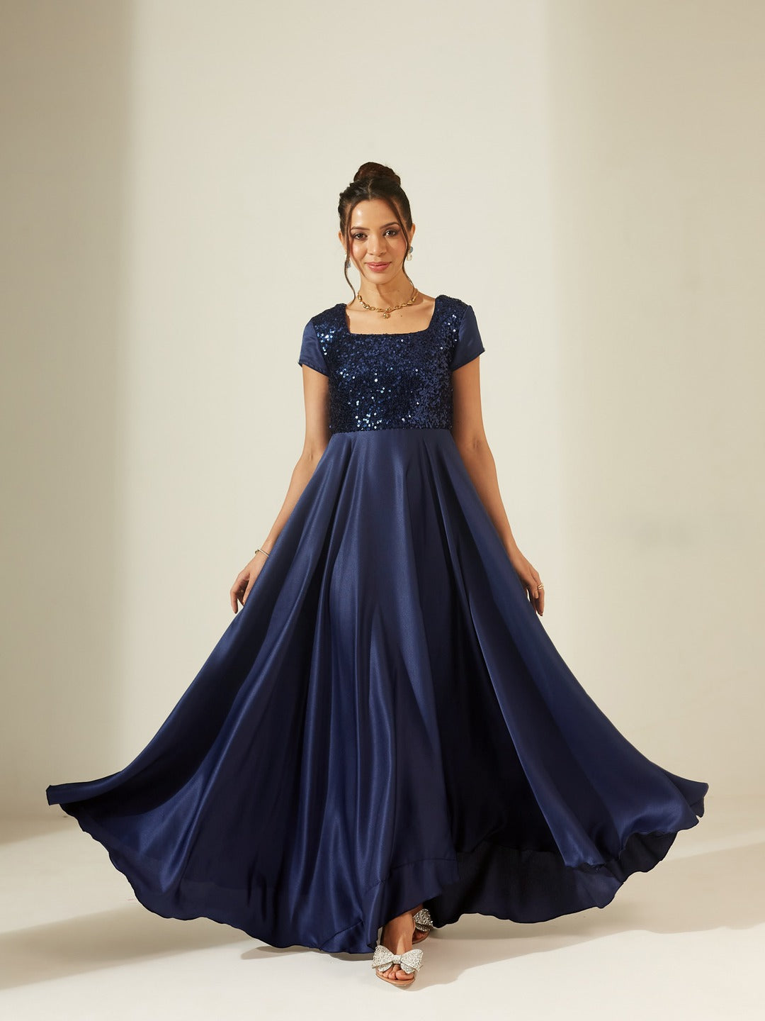 Navy Blue Square Neck Short Sleeve Embellished Polyester Fit & Flare Maxi Dress for Women