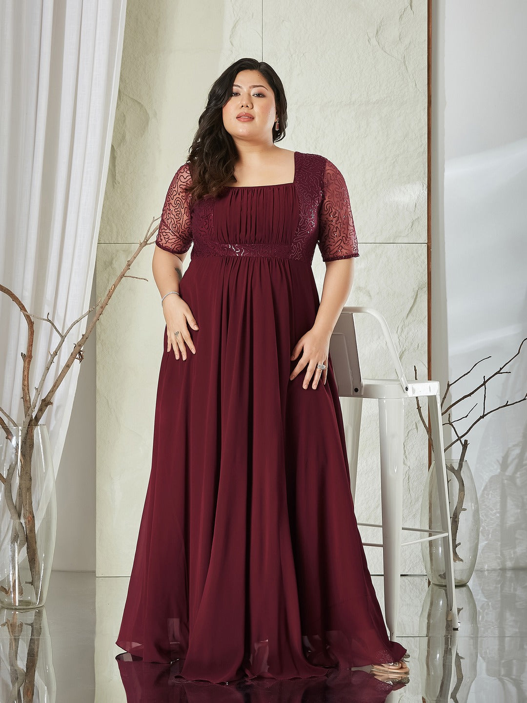 Wine Square Neck Half Sleeve Solid Embellished Maxi Dress for Women