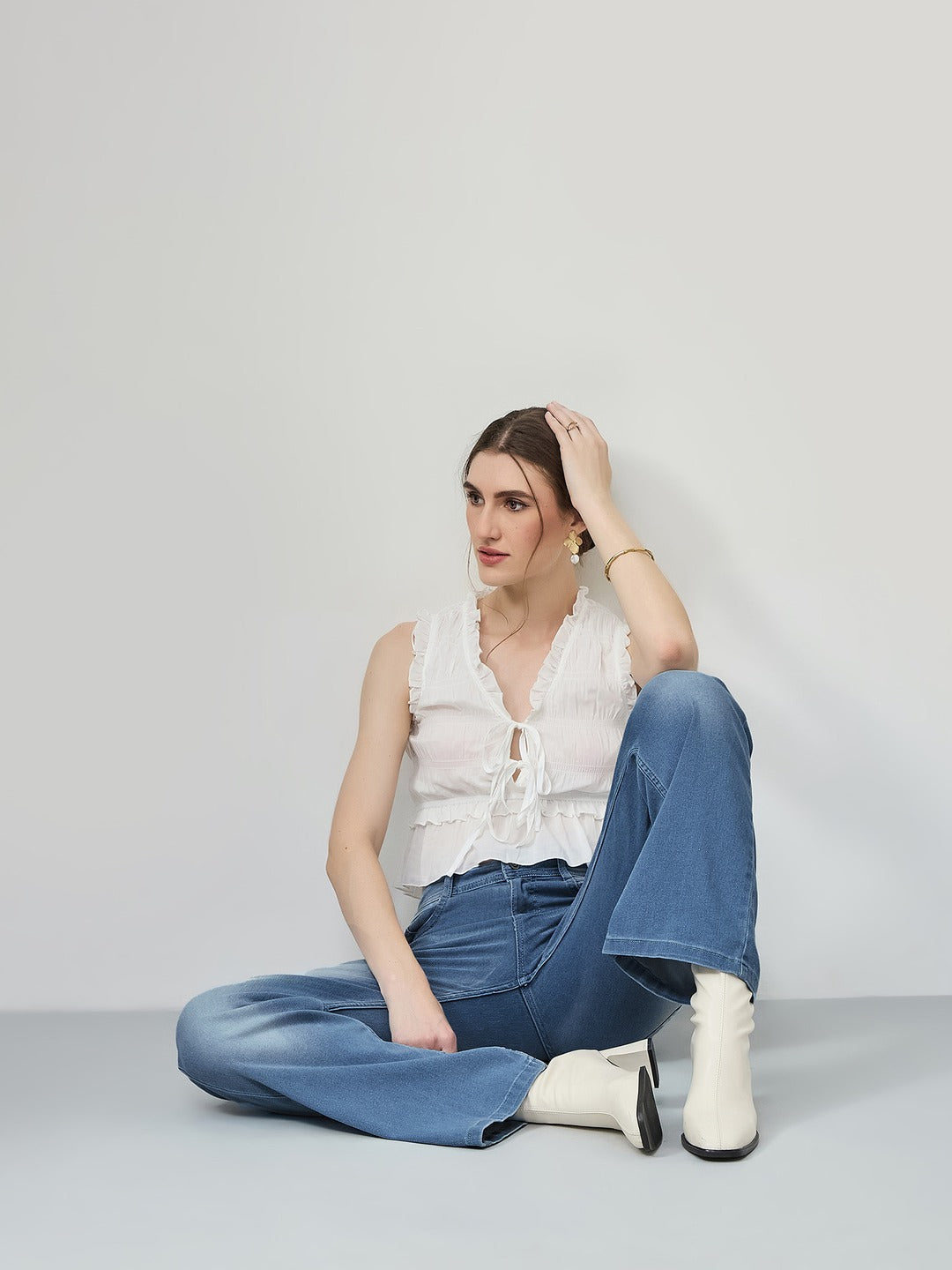 Light Blue Wide-Leg Mid Rise Blast Effect Light Weight Denim Jeans for Women