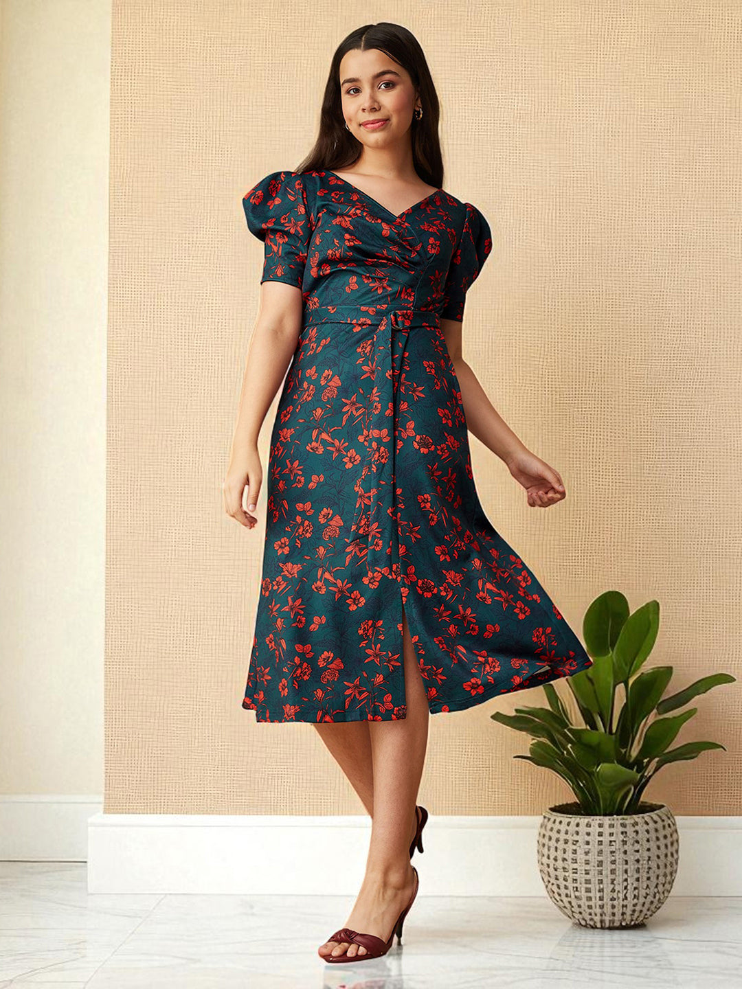 Multicolored-Base-Teal V-neck Puff Sleeve Floral Wrap Midi Dress for Girls/Teenagers