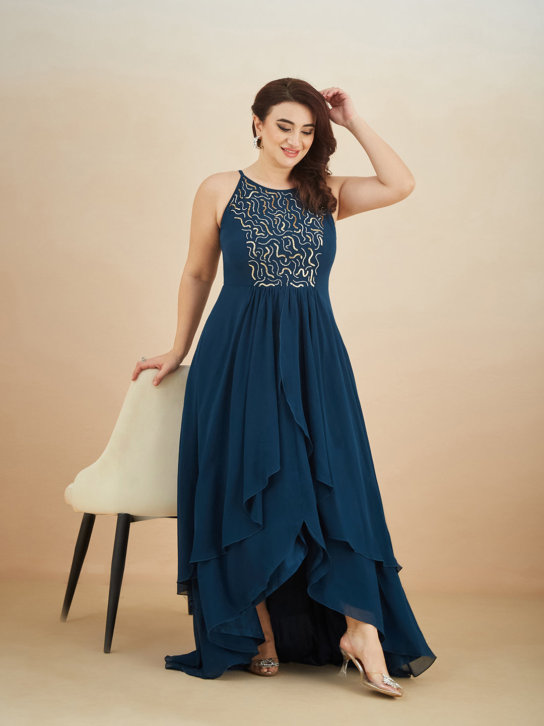Teal Round Neck Sleeveless Solid Embellished Maxi Dress for Women