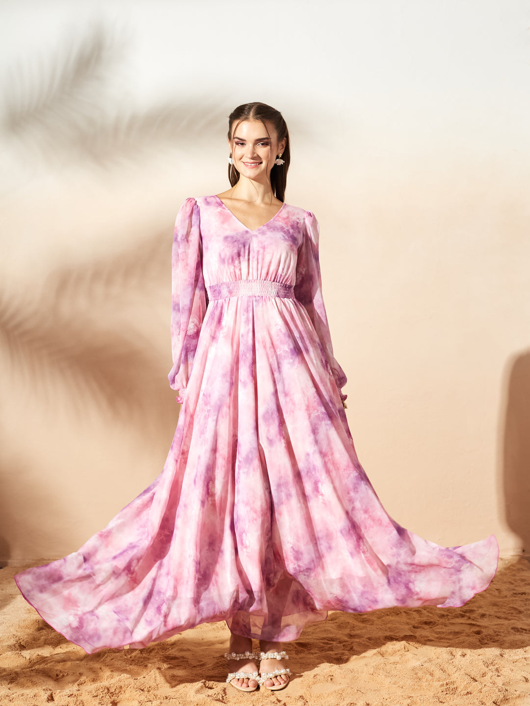 Pink & Lavender Full Sleeves Floral Printed Fit and Flare Dress for Women